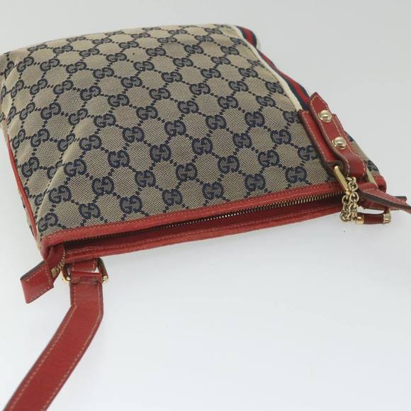 GUCCI GG Canvas Sherry Line Shoulder Bag Navy Red 144388 Auth ki3671 - Picture 6 of 16